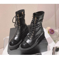 Grade Quality Chanel Wax Leather Lace-up Ankle Boots Black 071874