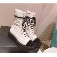 Low Cost Chanel Wax Leather Lace-up Ankle Boots White 071876