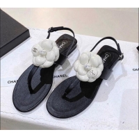 Pretty Style Chanel Leather Flat Sandals with Camellia Black 071883