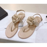 Best Price Chanel Leather Flat Sandals with Camellia Beige 071884