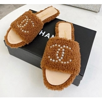 Purchase Chanel Fur Pearl CC Flat Slide Sandals Brown 072159