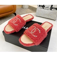 Low Cost Chanel Fur Pearl CC Flat Slide Sandals Dark Pink 072160