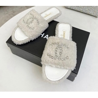 Top Grade Chanel Fur Pearl CC Flat Slide Sandals White 072162