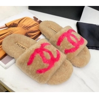 Luxury Chanel Shearling CC Flat Slide Sandals Camel 072171