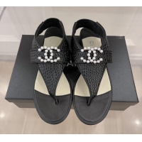 Durable Chanel Stone Embossed Leather Flat Thong Sandals with Pearl CC Black 072212