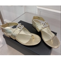 Duplicate Chanel Stone Embossed Leather Flat Thong Sandals with Pearl CC Gold 072213