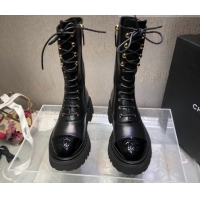 Classic Hot Chanel Calfskin Lace-up Boots Back Black 080883