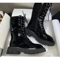 Popular Style Chanel Patent Leather Lace-up Boots Back Black 080885