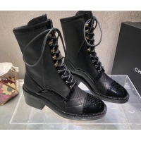 Good Quality Chanel Performated Calfskin Lace-up Ankle Boots Black 080886