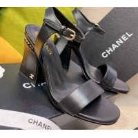 Grade Quality Chanel Pearl Charm Lambskin Mesh High Heel Sandals 8.5cm Black 8089111