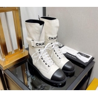 Pretty Style Chanel Calfskin Lace-up Boots with Buckle 080910 White