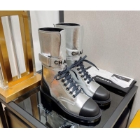 Classic Hot Chanel Calfskin Lace-up Boots with Buckle Silver 080912