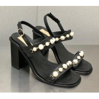 Lower Price Chanel Leather High Heel Sandals 9cm with Pearls Charm G37439 Black 080913