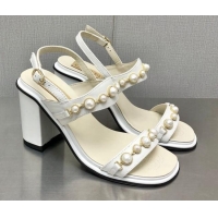 Grade Quality Chanel Leather High Heel Sandals 9cm with Pearls Charm G37439 White 080914