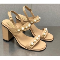 Discount Chanel Leather High Heel Sandals 9cm with Pearls Charm G37439 Apricot 080915