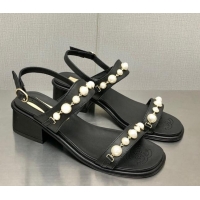 Low Cost Chanel Leather Sandals 3cm with Pearls Charm G37439 Black 080916