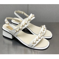 Sumptuous Chanel Leather Sandals 3cm with Pearls Charm G37439 White 080917