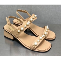 Stylish Chanel Leather Sandals 3cm with Pearls Charm G37439 Apricot 2080918