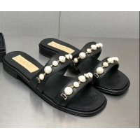 Good Looking Chanel Leather Flat Slide Sandals with Pearls Charm G37439 Black 2080919