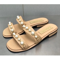 Sophisticated Chanel Leather Flat Slide Sandals with Pearls Charm G37439 Apricot 2080920