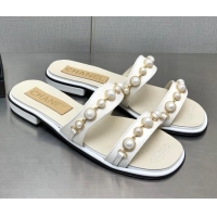 Good Quality Chanel Leather Flat Slide Sandals with Pearls Charm G37439 White