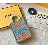 Famous Brand FENDI Mini Sunshine Shopper FF raffia mini-bag 8BS051A blue