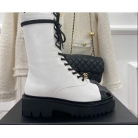 Good Quality Chanel Lambskin & Patent Leather Motorcycle Boots White 081247