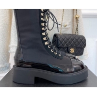 Grade Quality Chanel Grosgrain & Patent Calfskin lace-up Motorcycle Boots Black 081248