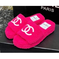 Low Price Chanel Teddycloth Platform Slide Sandals Dark Pink 2081266