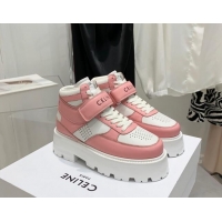 Low Cost Celine Triomphe Leather Platform Boot Sneakers with Strap White/Pink 080867