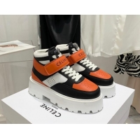 Unique Style Celine Triomphe Leather Platform Boot Sneakers with Strap White/Black/Orange 080868