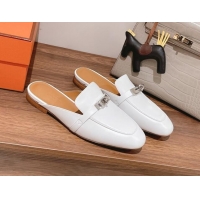 Luxurious Hermes Oz Kelly Buckle Calfskin Flat Mules White 052337