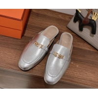 Unique Style Hermes Oz Kelly Buckle Calfskin Flat Mules Silver 052339