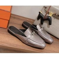 Classic Hot Hermes Oz Kelly Buckle Calfskin Flat Mules Grey 052340