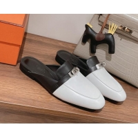 Sumptuous Hermes Oz Kelly Buckle Calfskin Flat Mules White/Black 052341