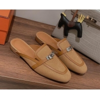  Low Cost Hermes Oz Kelly Buckle Canvas Flat Mules Beige 052343