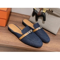 Sophisticated Hermes Oz Kelly Buckle Denim Flat Mules Blue 052344