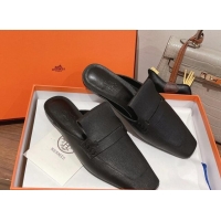 Best Grade Hermes Eloge Flat Mules in Boarded Calfskin Black 052345