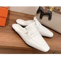 Stylish Hermes Eloge Flat Mules in Boarded Calfskin White 052347