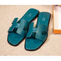 Good Quality Hermes Oran Classic Smooth Calfskin Flat Slide Sandals Blue 527144