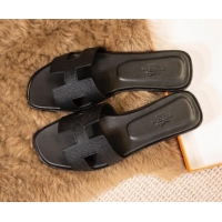 Best Product Hermes Oran Classic Grained Calfskin Flat Slide Sandals Black 0527145