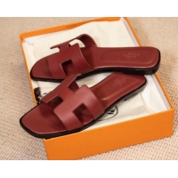 Best Price Hermes Oran Classic Smooth Calfskin Flat Slide Sandals Burgundy 0527152