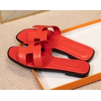 Classic Hot Hermes Oran Classic Smooth Calfskin Flat Slide Sandals Red 0527153