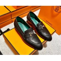 Discount Hermes Pairs Loafer in Calfskin Black/Geen 611053