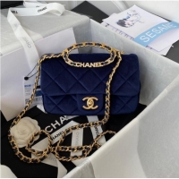 Good Product Chanel FLAP BAG Velvet & Gold-Tone Metal AS3451 blue