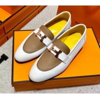 Perfect Hermes Pairs Loafer in Calfskin White/Brown 0611062