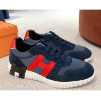 Duplicate Hermes Bouncing Knit and Suede Sneakers Navy Blue 062224