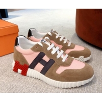 Stylish Hermes Bouncing Knit and Suede Sneakers Brown/Pink 062225