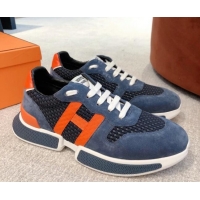 Sophisticated Hermes Bouncing Woven and Suede Sneakers Navy Blue 062228