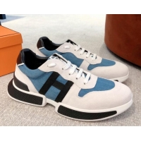 Durable Hermes Bouncing Denim and Suede Sneakers White/Blue 062229